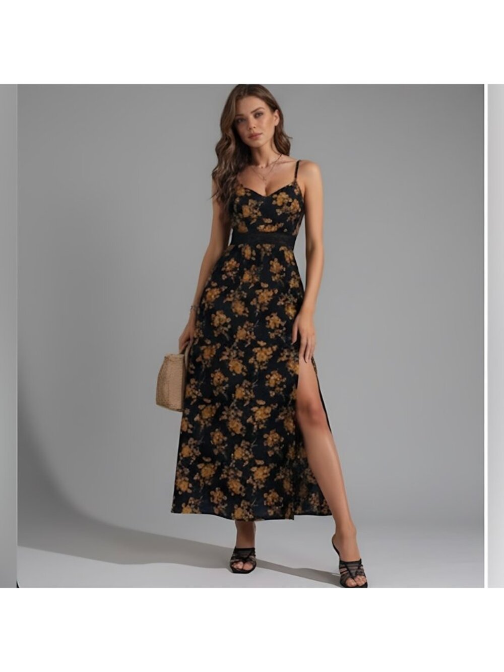 Black Boho Floral Print Split Thigh Cami Dress